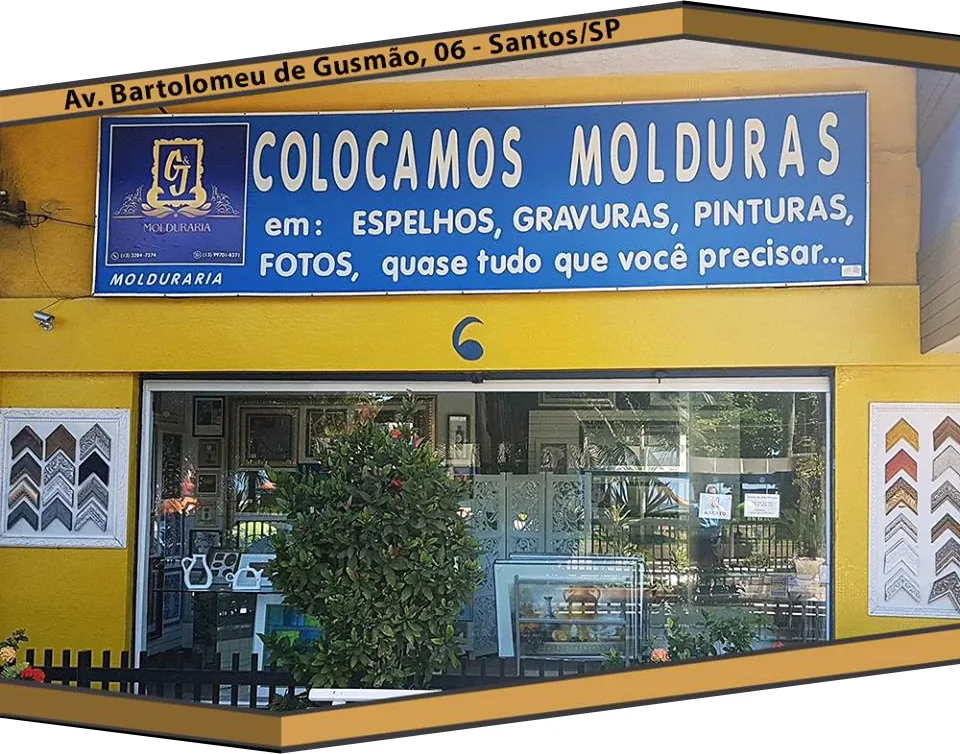 Fachada da loja GJ Molduraria no Boqueirão, em Santos, de frente para a praia